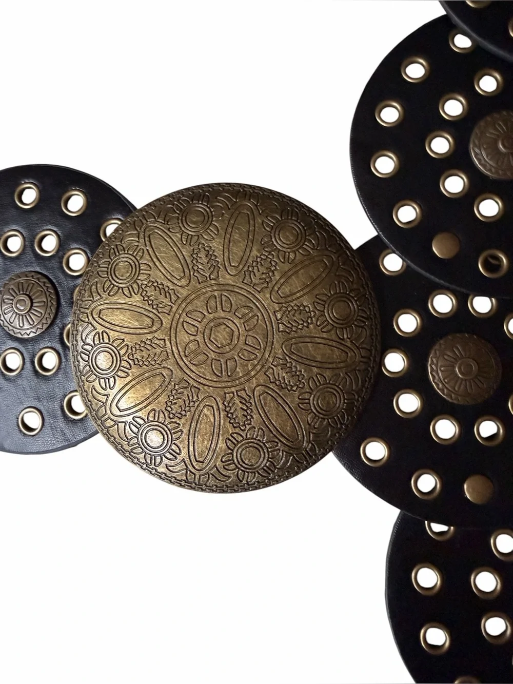 Wide Western Boho Belt Brown Leather Belt with Aged Brass Concho Embellishments - Picture 2 of 8